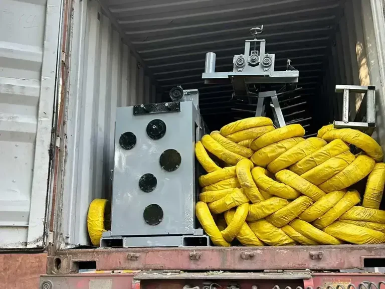 CNC hexagonal wire mesh machine securely loaded inside shipping container, ready for international export and delivery