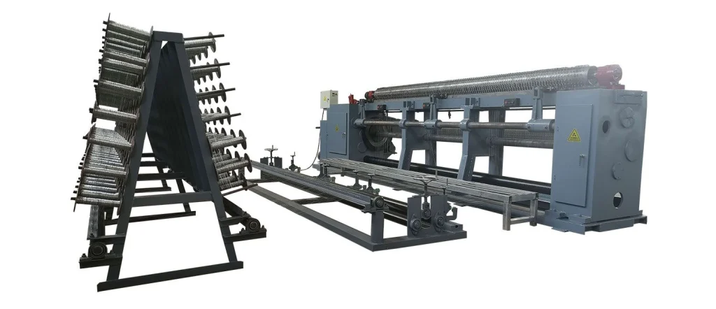 Full production line layout of Automatic CNC hexagonal wire mesh machine, including bobbin winder, wire reel stand, wire guide plate, weaving machine, and mesh coiling machine