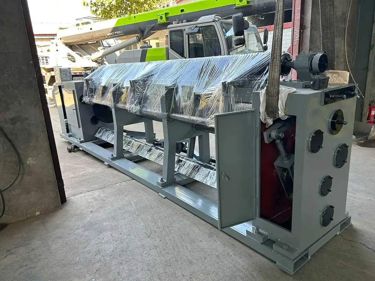 Forklift loading packaged CNC hexagonal wire mesh machine onto shipping container for export