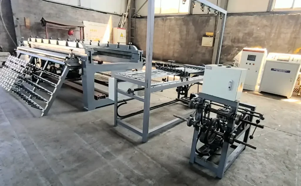 Front view of the complete small hexagonal wire mesh machine production line, showing the spooling machine, spring winding  machine, and hexagonal wire mesh machine arranged in sequence.