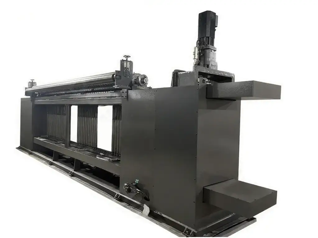 Side view of CNC heavy duty gabion box machine showing servo motor drive unit and mesh weaving frame structure