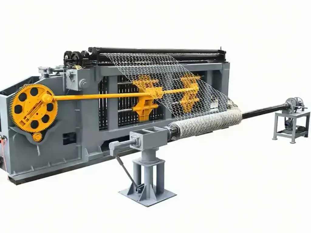 Side view of heavy duty gabion box making machine weaving double-twisted gabion mesh